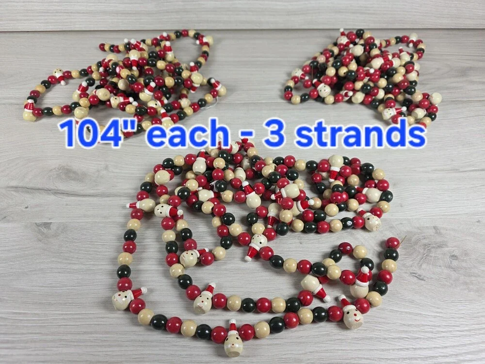 Set Painted Wooden Bead Garlands w Santa Heads Folk Art Holiday Primitive SU44